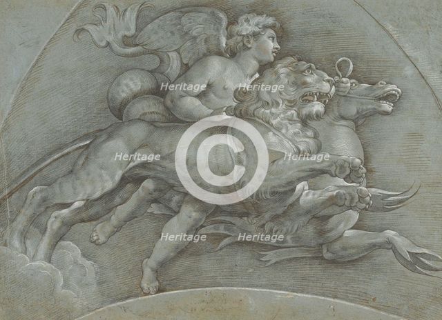 A Winged Putto Riding a Sea Horse and a Lion (after Raphael); verso..., 1574. Creator: Dionisio Calvaert.