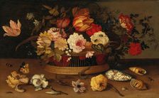 A wicker basket with flowers and shells on a stone-ledge. Creator: Ast, Balthasar, van der (1593/4-1657)