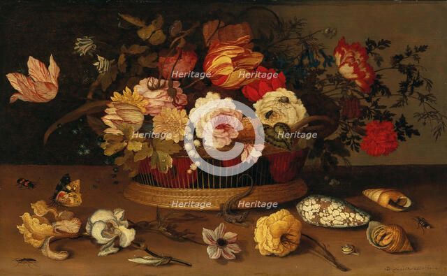 A wicker basket with flowers and shells on a stone-ledge. Creator: Ast, Balthasar, van der (1593/4-1657).