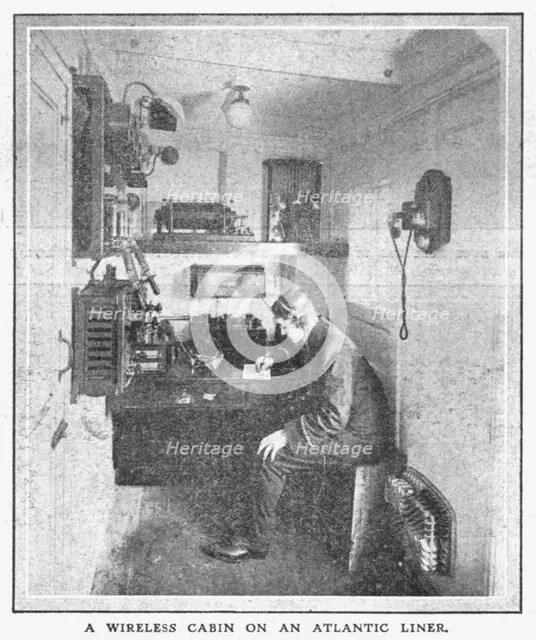 'A Wireless Cabin on an Atlantic Liner', 20 April, 1912. Creator: Unknown.