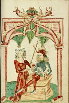 A Woman Touches the Hair of the Enthroned Josaphat; Barlaam und Josaphat, 1469. Creators: Hans Schilling, Diebolt Lauber