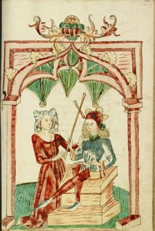 A Woman Touches the Hair of the Enthroned Josaphat; Barlaam und Josaphat, 1469. Creators: Hans Schilling, Diebolt Lauber