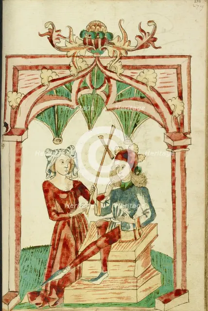 A Woman Touches the Hair of the Enthroned Josaphat; Barlaam und Josaphat, 1469. Creators: Hans Schilling, Diebolt Lauber.