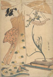 A Woman Tying up a Curtain, a Flower Arrangement of Chrysanthemums in a Boat-shaped Ha..., ca. 1805. Creator: Utagawa Toyohiro