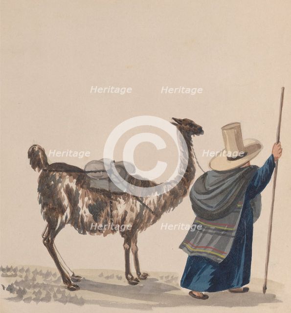 A woman walking with a Llama, from a group of drawings depicting Peruvian costume, ca. 1848. Creator: Attributed to Francisco (Pancho) Fierro.