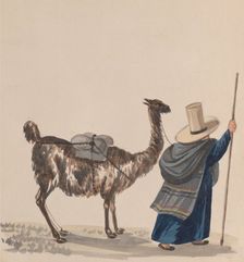 A woman walking with a Llama, from a group of drawings depicting Peruvian costume, ca. 1848. Creator: Attributed to Francisco (Pancho) Fierro