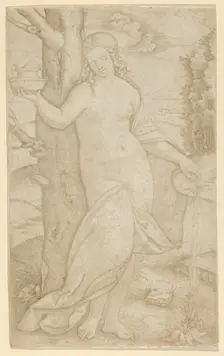 A woman watering a plant, a pot in her raised right hand, ca. 1507-8. Creator: Marcantonio Raimondi
