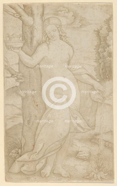 A woman watering a plant, a pot in her raised right hand, ca. 1507-8. Creator: Marcantonio Raimondi.