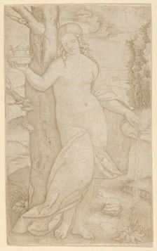A woman watering a plant, a pot in her raised right hand, ca. 1507-8. Creator: Marcantonio Raimondi