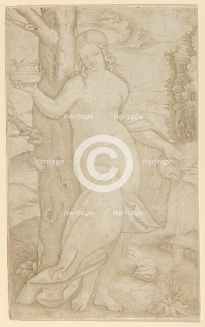 A woman watering a plant, a pot in her raised right hand, ca. 1507-8. Creator: Marcantonio Raimondi.