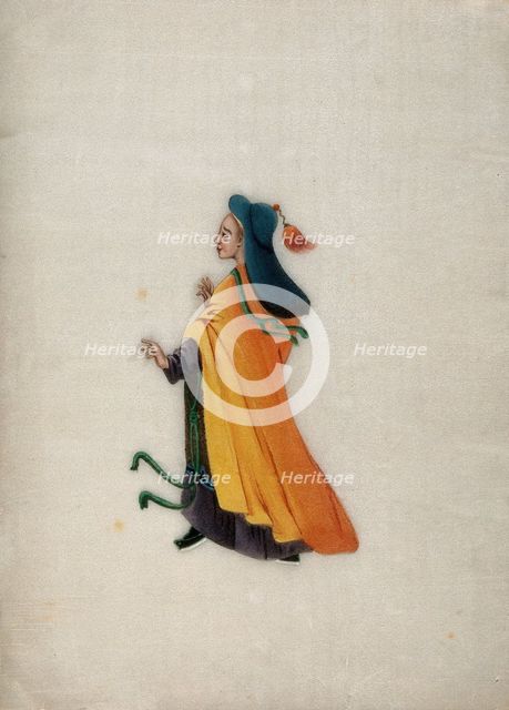 A woman wearing brightly coloured robes and a tasselled head dress, 1800. Creator: Unknown.