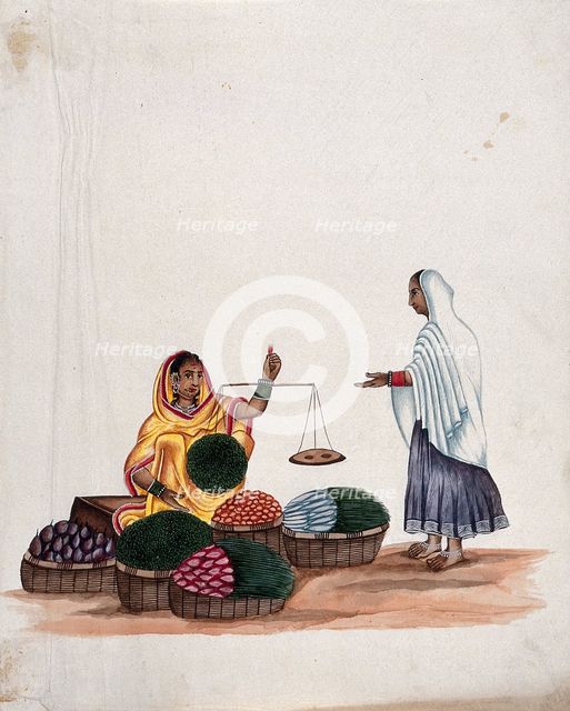 A woman weighing vegetables for a female customer, (between 1800 and 1899?). Creator: Unknown.