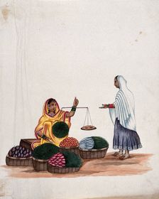 A woman weighing vegetables for a female customer, (between 1800 and 1899?). Creator: Unknown