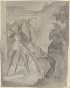 A woman with a child kneels imploringly before a knight, with other knights and a castle beside her. Creator: Victor Muller