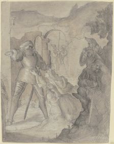 A woman with a child kneels imploringly before a knight, with other knights and a castle beside her. Creator: Victor Muller