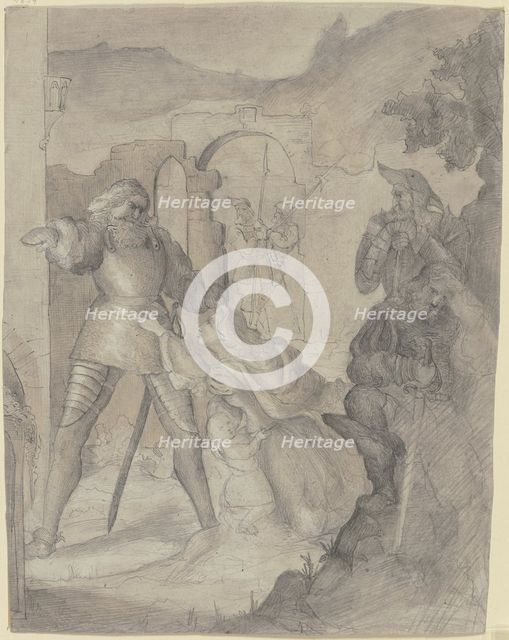 A woman with a child kneels imploringly before a knight, with other knights and a castle beside her. Creator: Victor Muller.