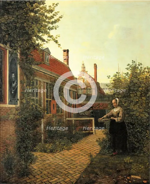A Woman with a Basket of Beans in a Garden, 1651. Creator: Pieter de Hooch.