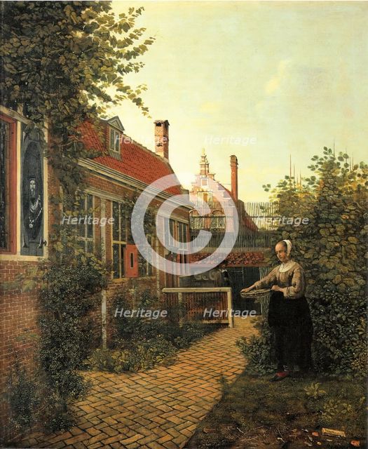 A Woman with a Basket of Beans in a Garden, 1651. Creator: Pieter de Hooch.