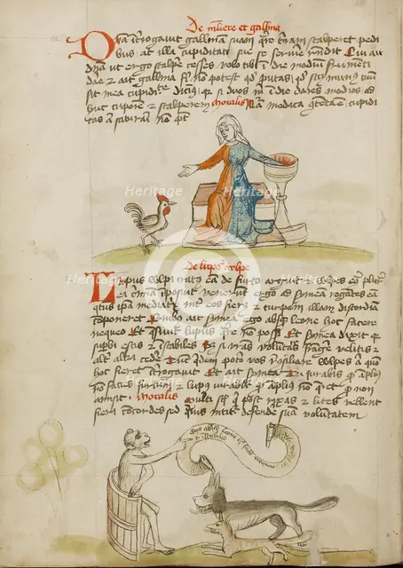 A Woman with a Vessel and a Hen: A Monkey Instructing a Fox..., third quarter of 15th century. Creator: Unknown.