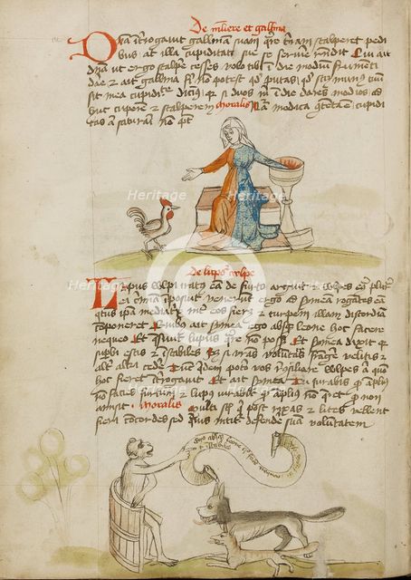 A Woman with a Vessel and a Hen: A Monkey Instructing a Fox..., third quarter of 15th century. Creator: Unknown.