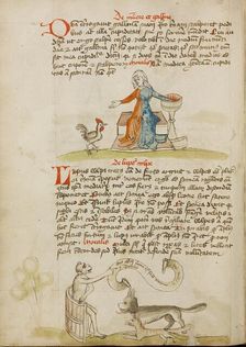 A Woman with a Vessel and a Hen: A Monkey Instructing a Fox..., third quarter of 15th century. Creator: Unknown