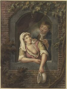 A woman with bare breasts empties a chamber pot out of a window, a young man smoking behind her.. Creator: Lambert Antoine Claessens
