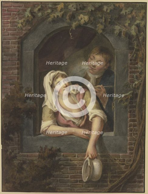 A woman with bare breasts empties a chamber pot out of a window, a young man smoking behind her.. Creator: Lambert Antoine Claessens.
