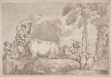 A Woman with Two Children on Horseback, 1758/1759. Creator: Gaetano Gherardo Zompini