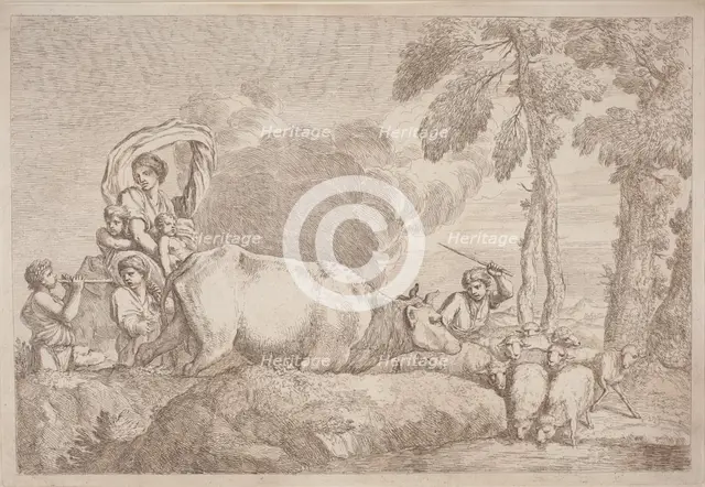 A Woman with Two Children on Horseback, 1758/1759. Creator: Gaetano Gherardo Zompini.