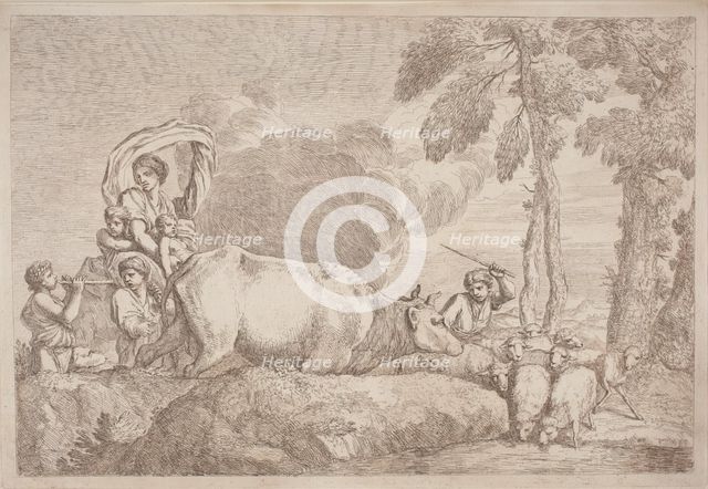 A Woman with Two Children on Horseback, 1758/1759. Creator: Gaetano Gherardo Zompini.