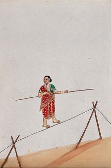 A woman acrobat holding a long stick and walking the tight rope, (between 1800 and 1899?). Creator: Unknown