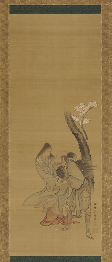 A woman and a wood gatherer under a cherry tree, late 18th-early 19th century. Creator: Tawaraya Sori