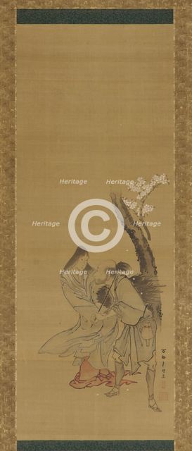 A woman and a wood gatherer under a cherry tree, late 18th-early 19th century. Creator: Tawaraya Sori.
