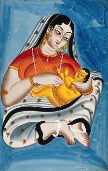 A woman and a child against a blue background. Creator: Unknown