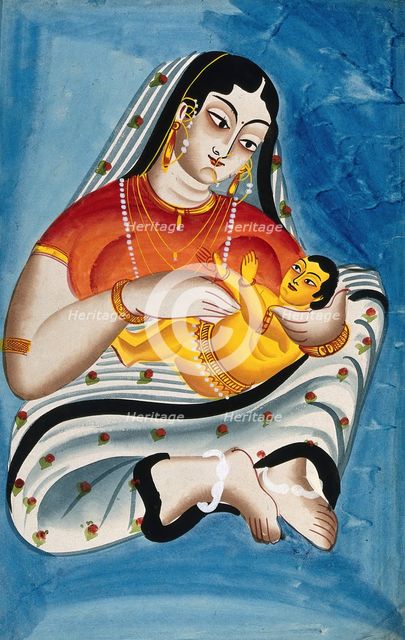 A woman and a child against a blue background. Creator: Unknown.