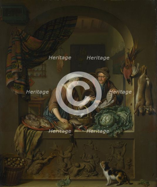 A Woman and a Fish-pedlar in a Kitchen, 1713. Artist: Mieris, Willem van (1662-1747)