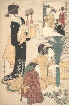 A Woman and a Man Arranging Flowers for the Tsukimi (Moon Festival), 1802. Creator: Kitagawa Utamaro