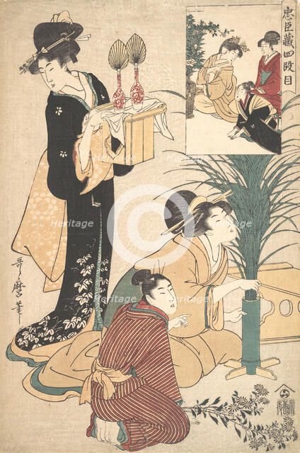 A Woman and a Man Arranging Flowers for the Tsukimi (Moon Festival), 1802. Creator: Kitagawa Utamaro.