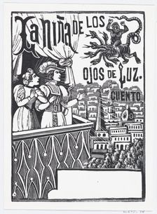 A woman and a man standing on a balcony looking up at a flying monster in the sky..., ca. 1880-1910. Creator: José Guadalupe Posada