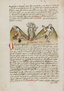 A Woman and a Nude Man and a Cleric Speaking to the Man; Fables, third quarter of 15th century. Creator: Unknown