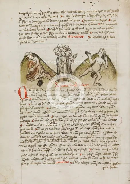A Woman and a Nude Man and a Cleric Speaking to the Man; Fables, third quarter of 15th century. Creator: Unknown.