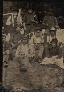 A Woman and Eight Carpenters Posed Outdoors, 1880s. Creator: Unknown
