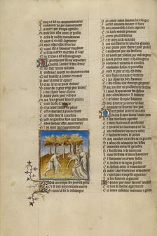 A Woman and Two Men Eating Fruit; Roman de la Rose, about 1405. Creator: Unknown