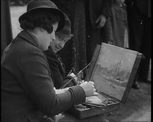 A Woman Artist Sitting at the Side of the Mall Painting the Scene While Watched By Several..., 1937. Creator: British Pathe Ltd