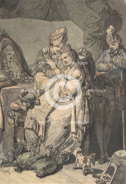 A Woman at her Toilet with a Maid, a Boy, a Dog and a Young Soldier; verso: A Sketch..., 1770. Creator: Johann Eleazar Schenau.