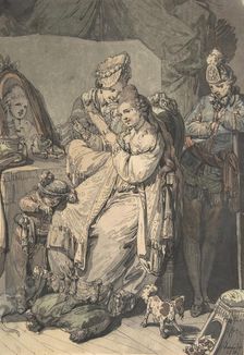 A Woman at her Toilet with a Maid, a Boy, a Dog and a Young Soldier; verso: A Sketch..., 1770. Creator: Johann Eleazar Schenau