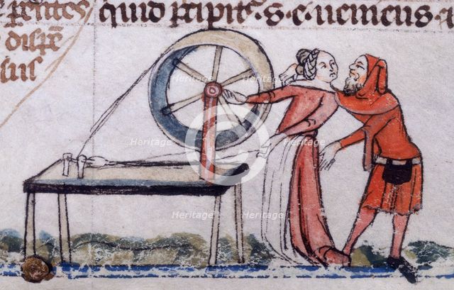 A woman being distracted from her spinning, early 14th century.  Creator: Unknown.
