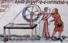 A woman being distracted from her spinning, early 14th century. Creator: Unknown