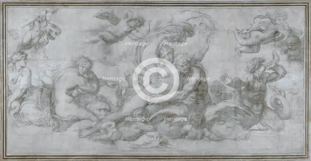 A Woman borne off by a Sea God (Cartoon for a fresco in the Gallery of the Palazzo Farnese, Rome), c. 1599. Artist: Carracci, Agostino (1557-1602)