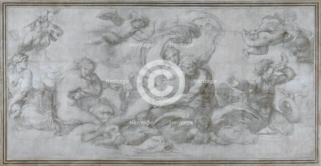 A Woman borne off by a Sea God (Cartoon for a fresco in the Gallery of the Palazzo Farnese, Rome), c. 1599. Artist: Carracci, Agostino (1557-1602)